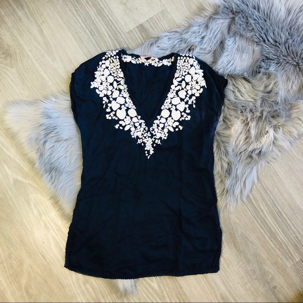 Tory Burch Navy Blue Sleeveless Blouse with White Embroidered V-Neck